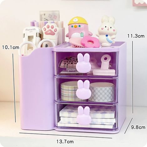 1 Boîte de Rangement à Tiroirs à 3 Niveaux avec Porte-Stylo, Organisateur de Bureau Multifonction pour Bureau. Poignée en Forme de Lapin Mignon, Accessoire de Bureau Décoratif, Violet (1/5)