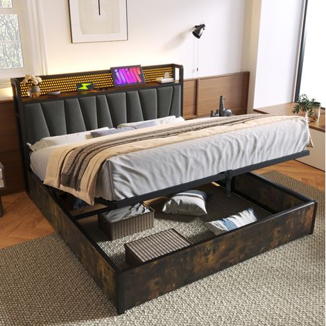 DESVIAE Lit double avec tĂȘte de lit LED RGBW prises et USB coffre de rangement 160 x 200 cm gris mĂ©tal bois et lin (1/5)