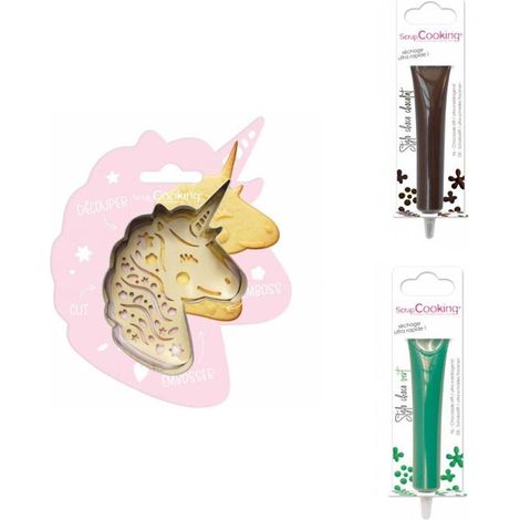 Kit pour biscuit en relief Licorne + 2 Stylos au chocolat marron et vert