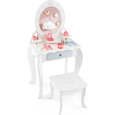 Coiffeuse enfant 2-en-1 avec chaise, miroir amovible et rangements, table de maquillage pour fille dès 3 ans (1/5)