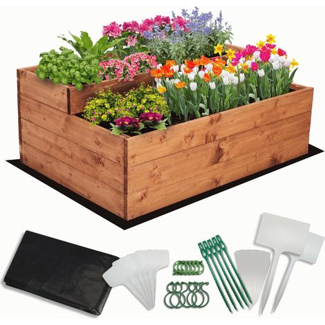 MODO24 Carré potager surélevé en bois, 2 niveaux en cascade, 36x90x63 cm, jardin/terrasse, kit jardinier inclus, brun imprégné