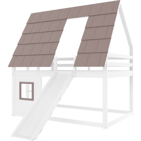 Lit superposé cabane 140 x 200 cm en MDF et pin, blanc et marron, avec toit, échelle et toboggan (1/5)