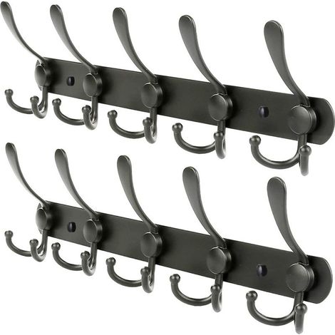Lot de 2 Patères Murales Noires en Acier Inoxydable, 5 Triple Crochets, 40 cm, Porte-Manteau Mural pour Entrée, Chambre, Salle de Bain et Vestiaire (1/5)