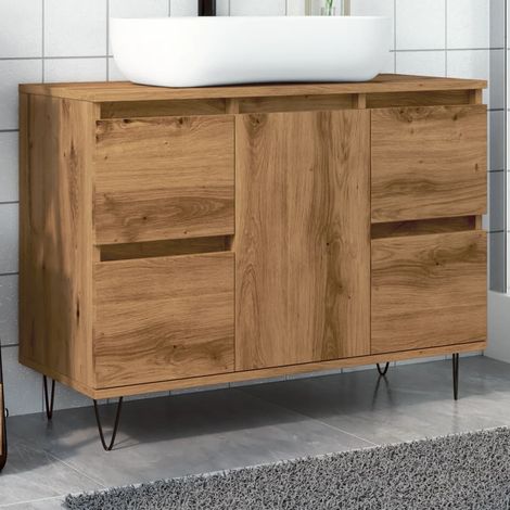 Design In – Armoire à pharmacie chêne artisanal bois d'ingénierie – 1 compartiment avec 4 tiroirs – Dimensions 80 x 33 x 60 cm – Pieds en fer pour style industriel - CFW86447 (1/5)