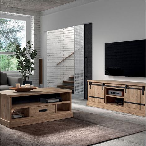 Altobuy – Ensemble de meubles de salon industriel – Meuble TV 2 portes coulissantes – Table basse rectangulaire 125x68xH51 cm – Finition décor bois (1/5)