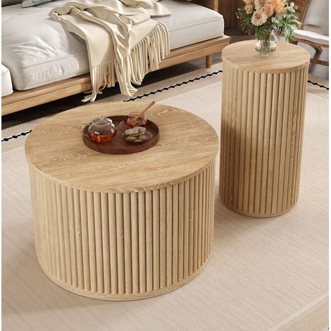 Runder Couchtisch 2er-Set 60 x 60 x 38,5 cm + 30 x 30 x 56 cm aus MDF, Natur OKMYHOME (1/5)
