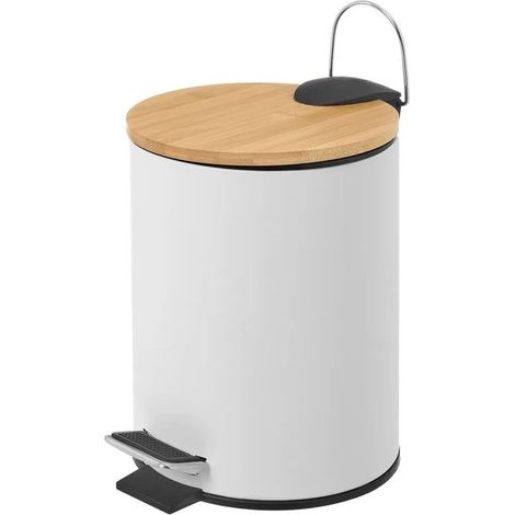 Poubelle de salle de bain en métal coloris blanc avec couvercle en bois naturel - diamètre 21 x Hauteur 26 cm (1/5)