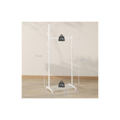 Portant à vêtements mobile blanc avec roulettes, barre, 5 crochets et étagère à chaussures pour entrée, chambre et dressing (1/5)