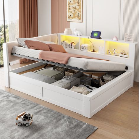 Tagesbett 140x200 cm Weiß aus Kiefernholz, MDF und Leinen mit hydraulischem Stauraum, LED und USB (1/5)