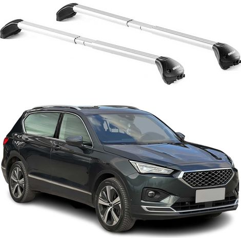 OMAC Barres de toit transversales certifiées TÜV pour Seat Tarraco 2018-2024 – Verrouillables (4 antivols) – Charge max 100 kg – Sangle inox + protection caoutchouc Argent (1/5)