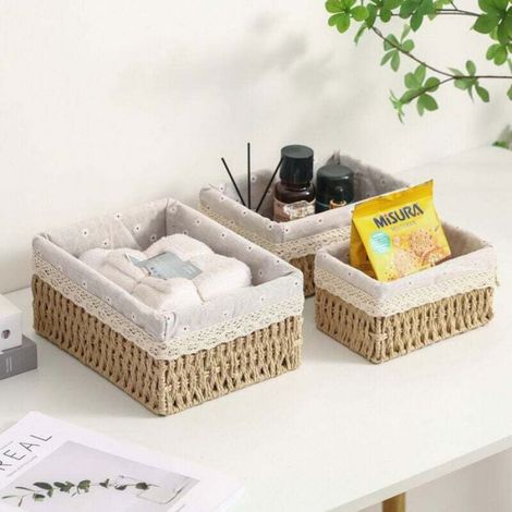 1 Panier de rangement, rotin tressé, doublure amovible, polyester, salon chambre salle de bain (1/4)