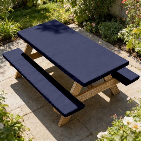Juego de 3 fundas para mesa y sillas de patio, mantel elástico impermeable y a prueba de polvo, y fundas para taburetes para muebles de picnic (azul) (1/3)