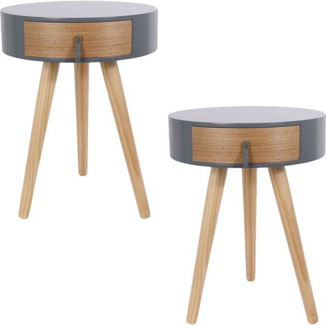 The Home Deco Factory – Lot de 2 tables de chevet scandinaves – Bois MDF et pin – Diamètre 35 cm x Hauteur 46,5 cm – Tiroir et pieds triangulaires