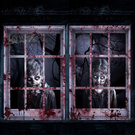 Décorations d'Halloween pour fenêtres : rideaux, guirlandes, fanions pour une fête d'Halloween en extérieur (2 pièces) - 80 x 120 cm - NG-18