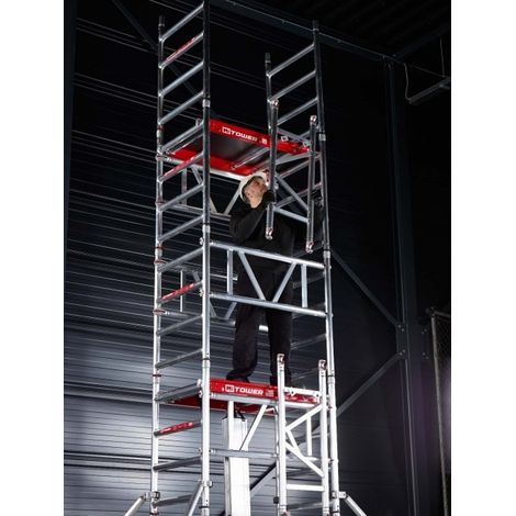Echafaudages Stéphanois – Échafaudage roulant MiTower 6m20 – Hauteur de plateforme 2m20 – Roues à double frein Ø 125 mm – Montage rapide avec stabilisateurs Easy-Lock