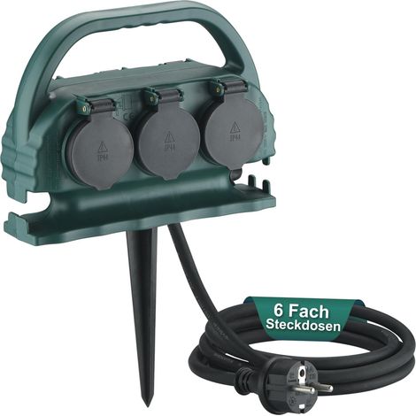 Multiprise de jardin 6 prises IP44 avec poignée de transport et piquet de terre, prise extérieure étanche avec câble en caoutchouc H07RN-F pour l'extérieur (5 m, vert) (1/5)