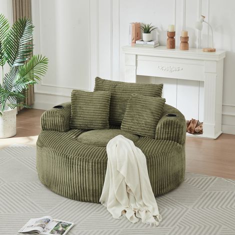 Fauteuil lounge rond 1 place - 3 coussins, 2 porte-gobelets et poches latérales - velours côtelé - Vert (1/4)