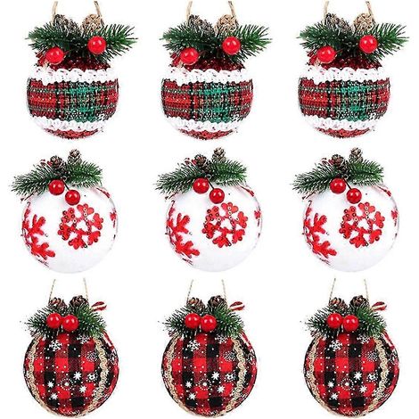 Lot de 9 boules de Noël décoratives de 8 cm (3,15 pouces), recouvertes de tissu à carreaux, pour la décoration de Noël. (1/5)