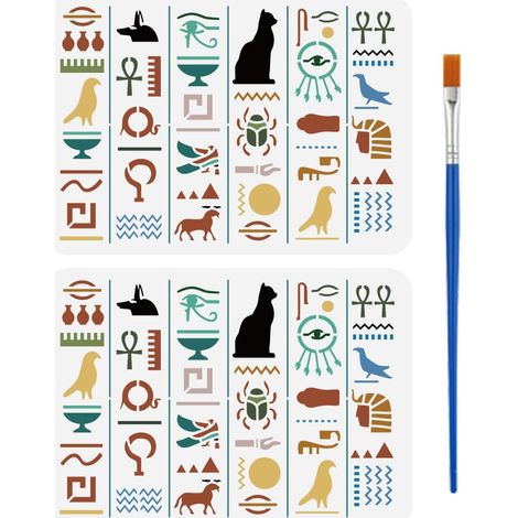 2Pcs Pochoir de Peinture 29.7x21cm Hiéroglyphes Motif Sceptre D'Oiseau Modèle en Plastique Avec Pinceau pour T Shirt Bois Tissu Bricolage (1/5)