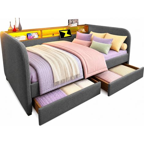 CHICFURN Cama tapizada 140x190 cm con LED, USB y USB-C, 2 cajones, cabecero con almacenamiento, estilo moderno en tela gris, sin colchón, para dormitorio (1/5)