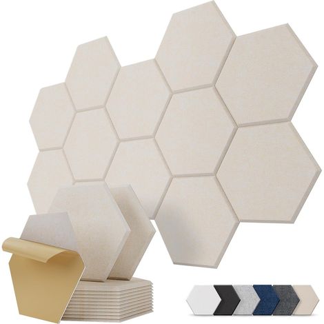 panneau acoustique mural hexagonal autocollant, lot de 12, panneaux acoustiques décoratifs à absorption sonore pour mur, plafond et porte, salon, home, chambre, 30 x 26 x 0,9 cm, beige (1/5)