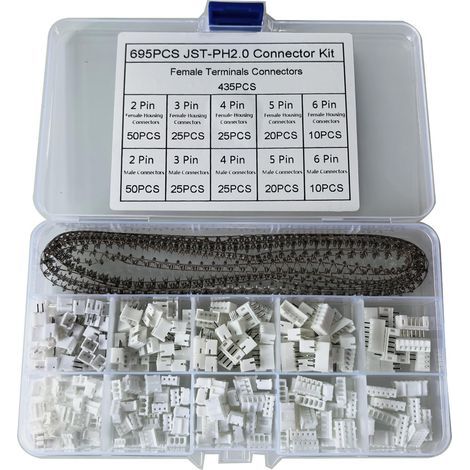 Kit de 695 conectores JST-PH con conectores macho y hembra JST-PH de 2,0 mm de 2/3/4/5/6 pines y terminales de crimpado de 2 mm para proyectos y reparaciones electrónicas. (1/5)