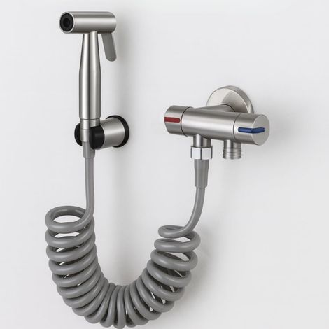 Ensemble de douchette WC en acier inoxydable 304 pour femme, comprenant un jet haute pression, un tuyau de 3 mètres, un abattant et un robinet d'arrêt à double commande (ensemble de quatre pièces). (1/5)