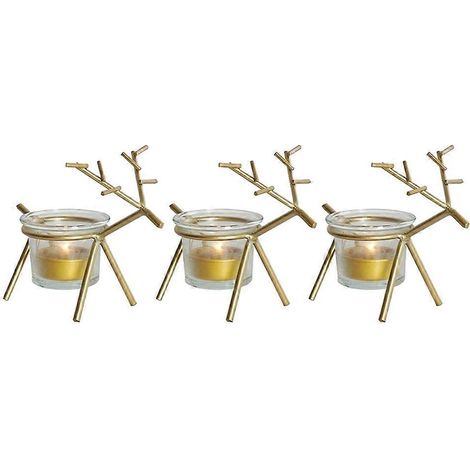 Lot de 3 bougeoirs en fer forgé en forme de renne avec coupelle transparente, pour bougies de table de Noël (doré)-13X10cm-Golden