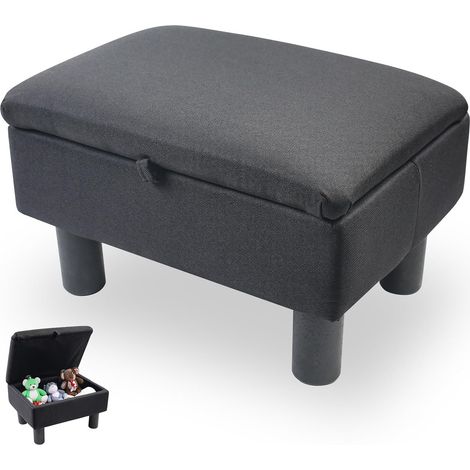 Pouf en lin avec espace de rangement, pouf en lin avec pieds en bois, boîte de rangement cube avec couvercle pour salon, chambre à coucher, couloir (noir) (1/5)