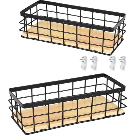 Lot de 2 paniers en métal, Pour salle de bain, Noir Décoration murale, Socle en bois, Pour cuisine, garde-manger (1/4)