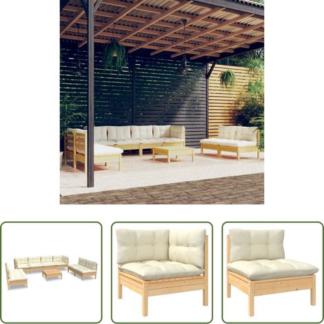 Terrassensofa - 9-tlg. Garten-Lounge-Set mit Creme Kissen Massivholz Kiefer (1/5)