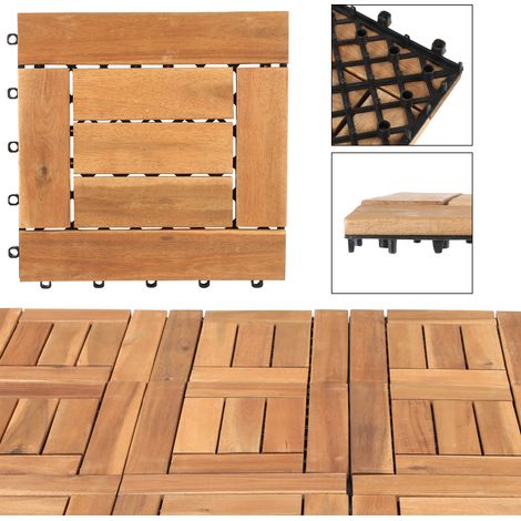 Jiubiaz 99 Stück Holzfliesen Mosaik-Latten 9 qm, 30x30cm Terrassenfliesen Klickfliesen Balkonfliesen mit Drainagensystem, Wetterfest aus Akazienholz