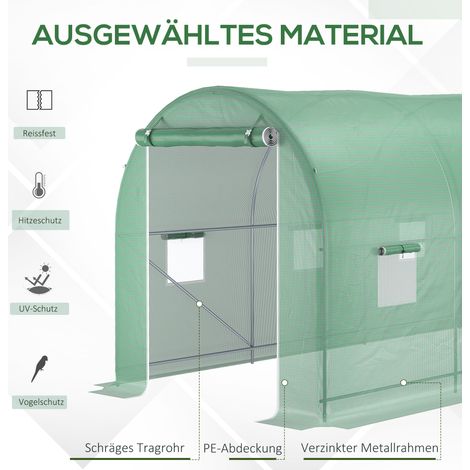 Serre Outsunny tunnel 500x200x205 cm, structure aluminium, abri tomates avec entrée, 8 aérations, tube acier galvanisé, bâche polyéthylène, résistant, piquets sol et haubans fournis, vert