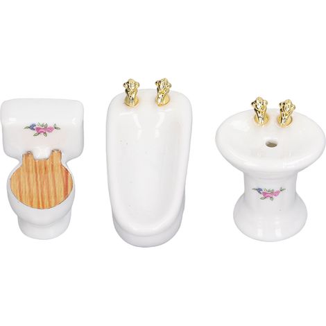 3-teiliges Puppenhaus-Miniatur-Badezimmer-Set aus Keramik, Badewanne, Toilette und Waschbecken, Maßstab 1:24, Puppenhaus-Badezimmermöbel mit Blumenmuster (1/5)