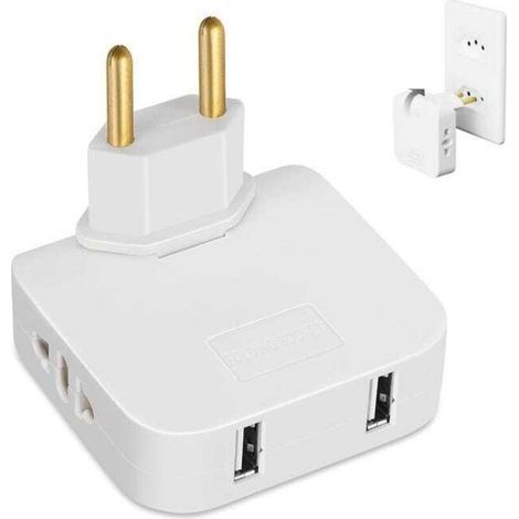 Multiprise Plate - 2 Prises 220 V + 2 Ports USB - Tête Pivotante 180° - Adaptateur Européen Compact - 1 Pièce (1/5)