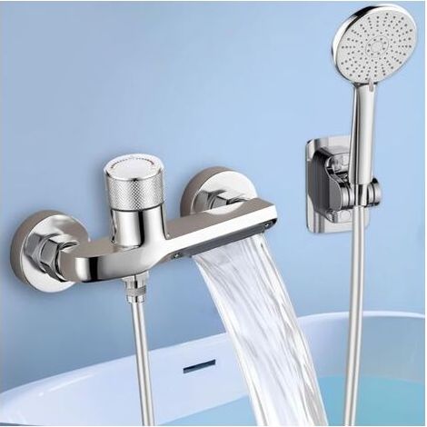 Ensemble de robinet de baignoire avec flexible et robinet cascade mural (argent) (1/4)