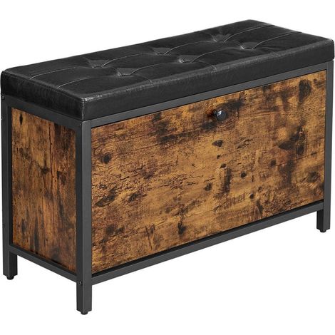 Banco zapatero con almacenamiento, asiento acolchado con cajón abatible para 6 pares de zapatos, estructura de acero, estilo industrial, 80 cm, marrón rústico y negro 120002644 (1/4)