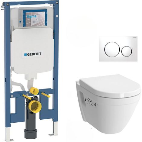 Geberit Pack Conjunto  bastidor+ Cubeta mural Vitra S50 + Asiento Drop-brake + Placa blanca y cromada