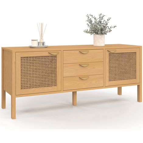 Idmarket – Buffet bas 140 cm – 2 portes en cannage et 3 tiroirs – Structure en panneaux de particules – Ambiance chaleureuse et naturelle