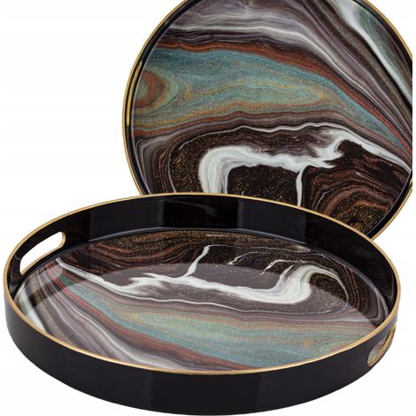 Bandeja decorativa, de mármol negro, redonda, elegante, con asas. (1/5)