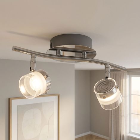 Deckenleuchte Deckenlampe Spotlampe Wohnzimmerlampe Schlafzimmerleuchte, 2 flammig Spots beweglich, Glas silber klar satiniert, 2x LED 3W 300Lm warmweiß, LxBxH 29x12x15cm (1/5)