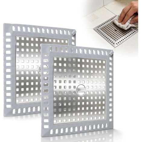 2 × Attrape Cheveux Douche Carré en Acier Inoxydable avec Bord en Silicone, 12,4 x 12,4 cm, Grille Cheveux Douche Universelle pour Carrés & Rond de Bonde, Prevenir Le Bouchage des Drain (1/5)