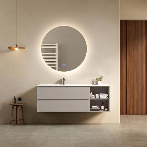 Mobile bagno sospeso 140 cm Grigio Cenere Lavabo a Sinistra in Resina Specchio Tondo Retroilluminato - Fiji Paint Plus (1/4)
