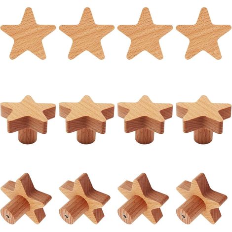 Pomelli in legno per mobili - maniglie per cassetti a forma di stella - pomelli in legno a forma di animali del bosco - per ante di mobili, armadi e guardaroba (stelle) (1/5)