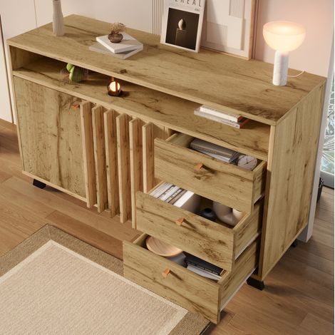 CHICFURN Credenza bassa 120 x 40 x 85 cm rovere scuro, 3 cassetti, 2 ante (1/5)