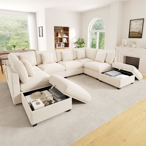 Sofá cama esquinero convertible en forma de U de 292x220 cm, para 8-9 personas, con 2 otomanas con espacio de almacenamiento, de chenilla - beige (1/5)