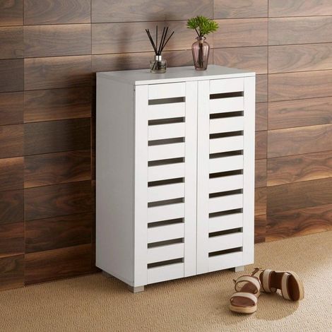 Oslo 2 Door White Wooden Shoe Storage Cabinet Rack Stand Cupboard Slatted Doors
