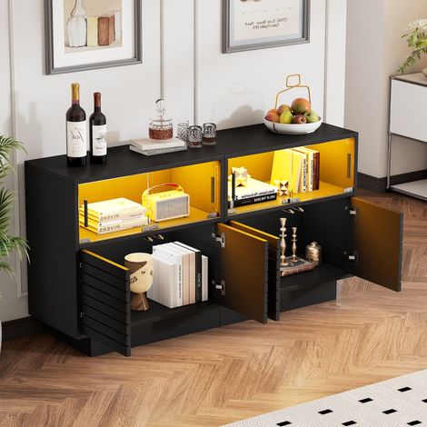Aparador vitrina 130 x 35 x 68 cm con LED, 4 puertas vitradas correderas, negro HAVRYA (1/5)