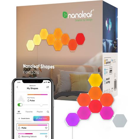 Nanoleaf Shapes Hexagone Kit de Démarrage, 9 Panneaux Lumineux LED Connectés - Appliques Murales Luminaires Intérieur Modulaires RGBW Wi-Fi, Compatible Alexa, pour Salon Chambre ou Bureau Gaming