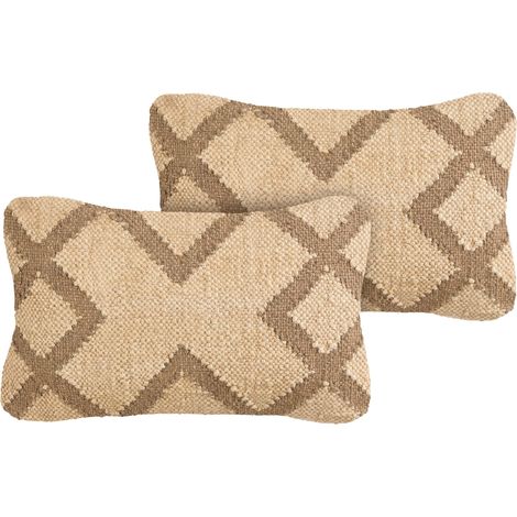Set of 2 Scatter Cushions Beige and Light Brown Jute and Wool 30 x 50 cm Geometric Pattern Faded Colours GOPI (1/5)